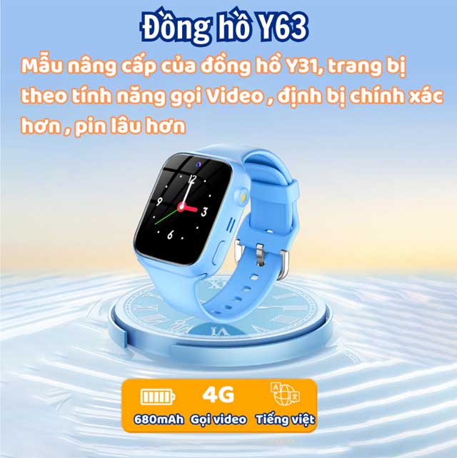 Đồng Hồ Thông Minh Trẻ Em Y63 - Gọi Video, Lắp SIM Nghe Gọi 2 Chiều, Định Vị Chính Xác, Kháng Nước